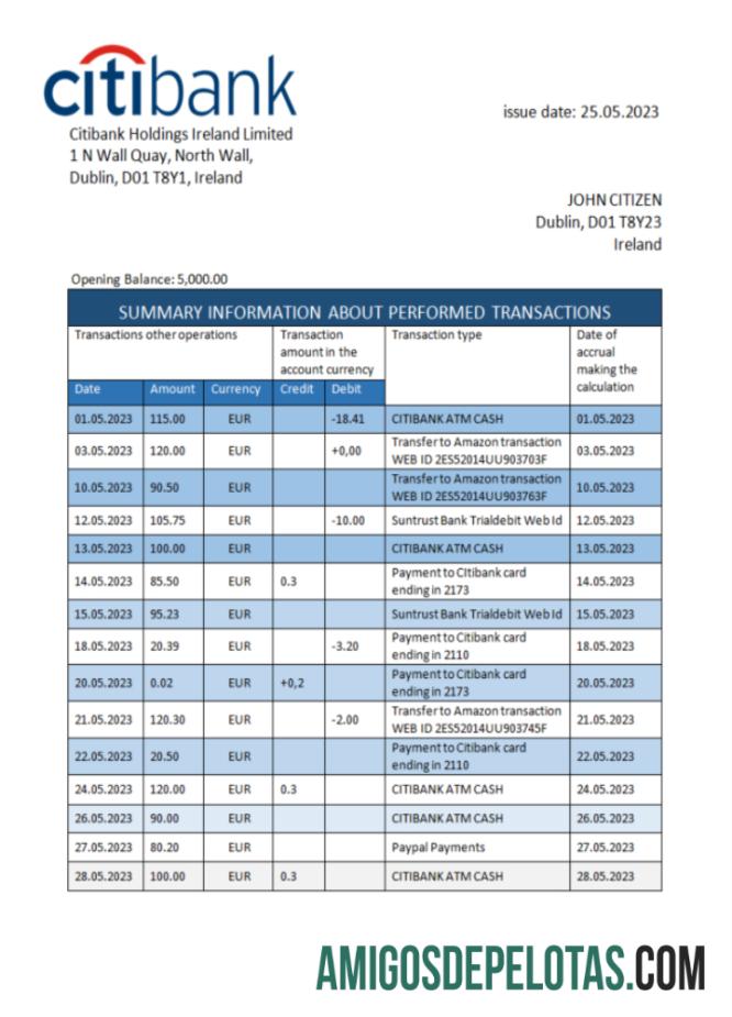 em branco Irlanda Citibank Extrato bancário modelo Word e PDF